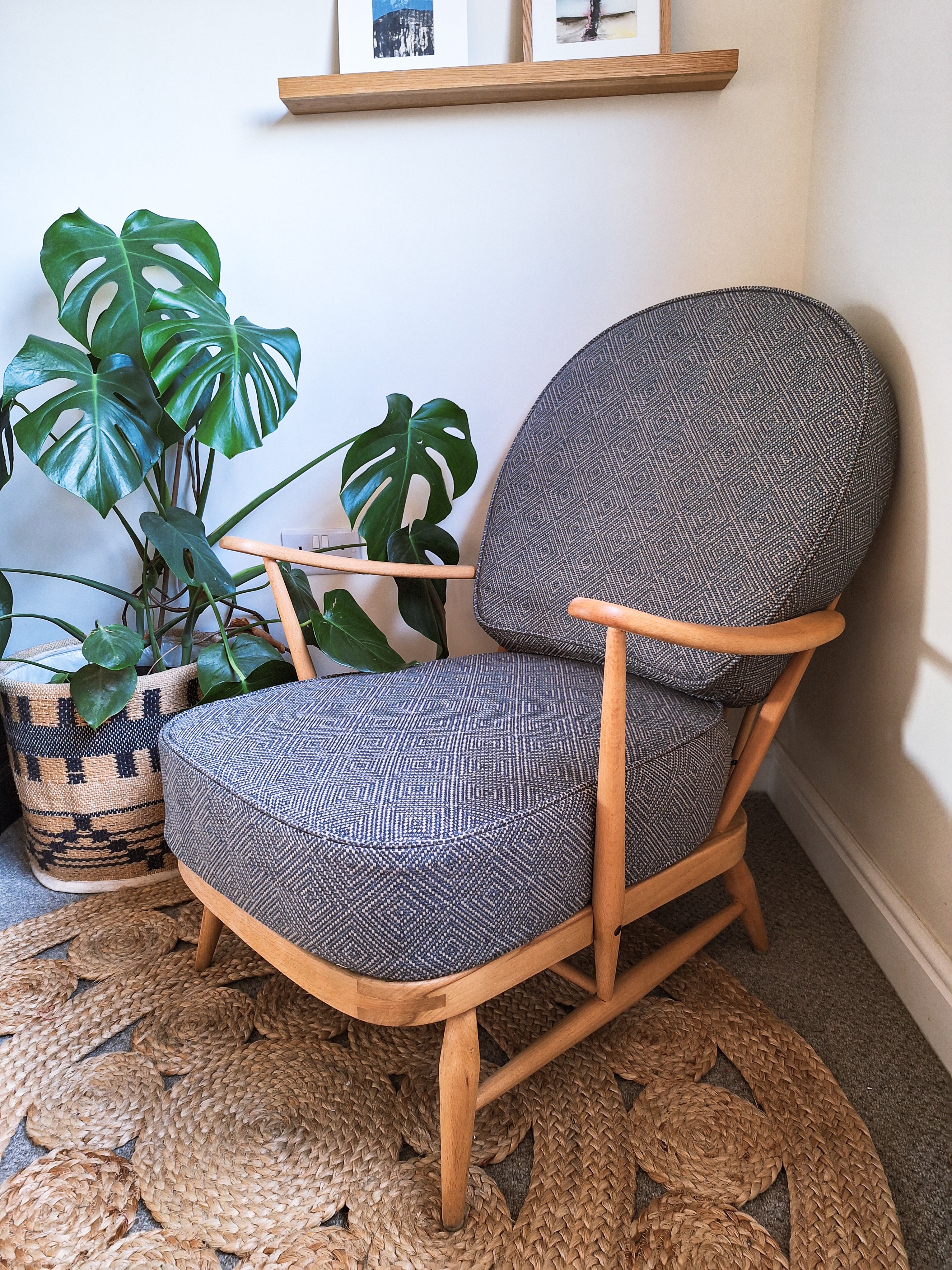 Ercol 203 in a geometric blue fabric