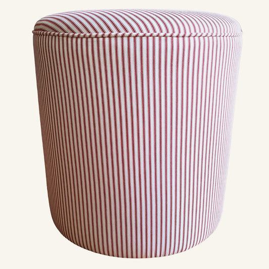 upholstered stool in red and white ticking fabric